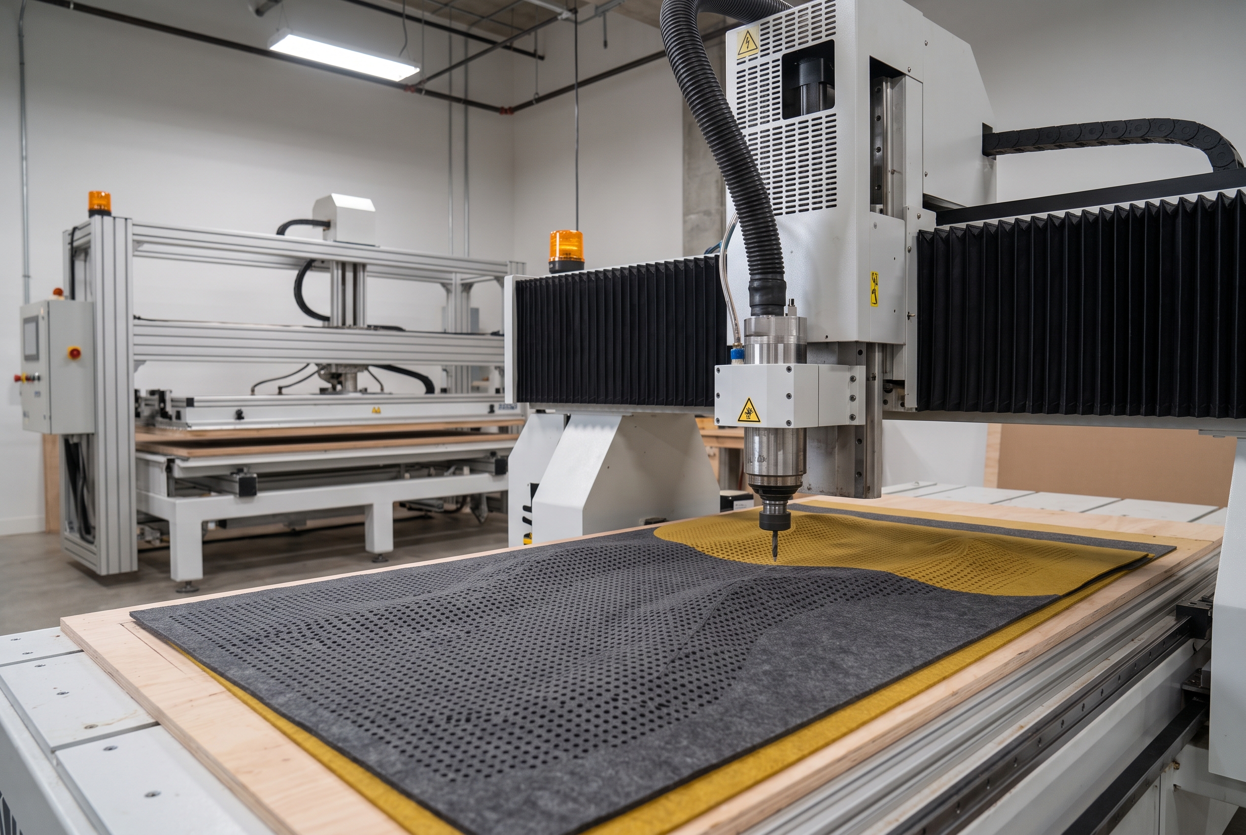 Machining equipment shaping a perforated dark surface