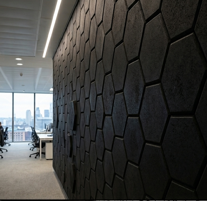 Dark hexagonal wall panels in an office interior