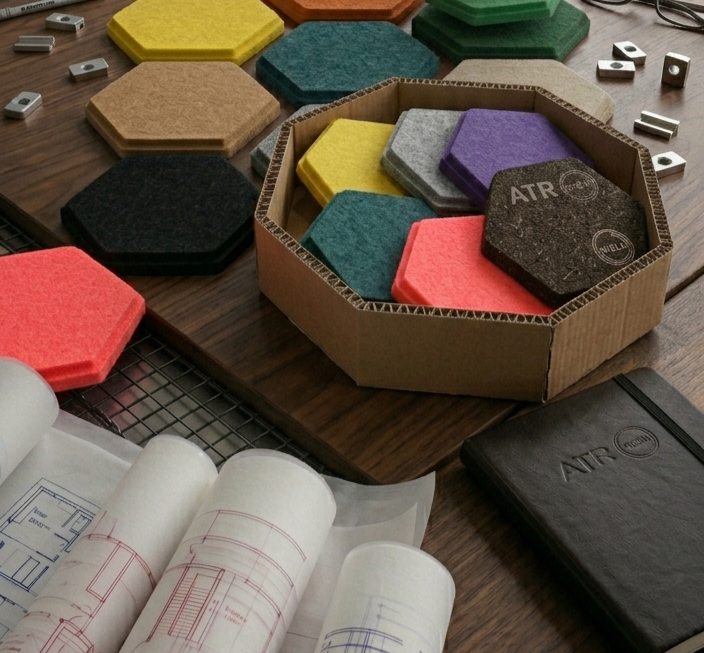 Coloured hexagonal material samples with drawings and fixings