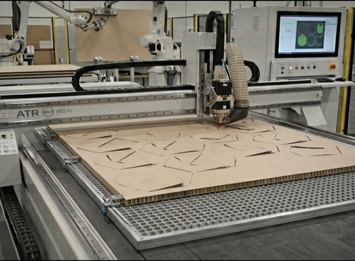 Cutting equipment shaping geometric patterns in a board
