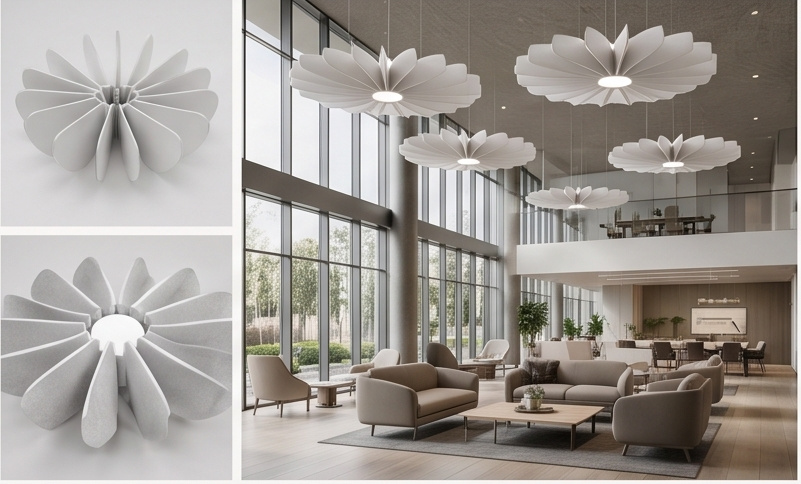 Sculptural petal-shaped acoustic ceiling forms visualised in a light-filled commercial interior
