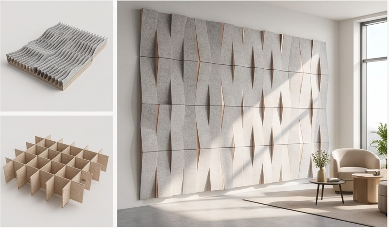 Geometric acoustic wall forms and a sculptural feature-wall design visualisation